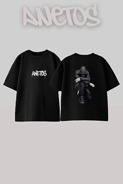 Anetos Crouching Hoodie Design Printed Unisex Oversize Fit Black Tshirt