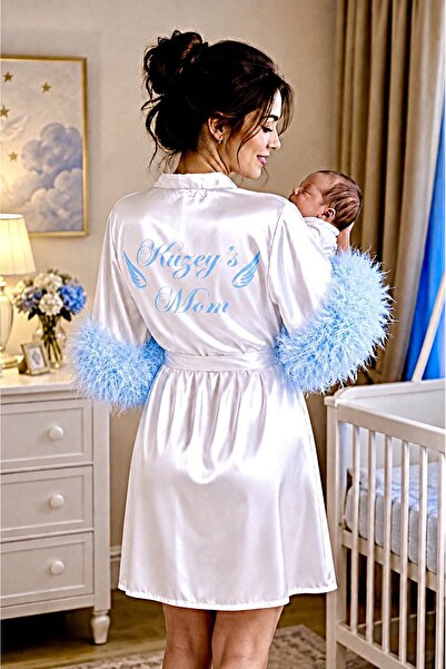 bridebyvictoria (İSMİNİZİ YAZIYORUZ) İsim Yazılı Kolları Mavi Tüylü Beyaz Sat...