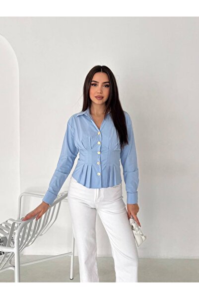 Jöns Butik Women's Blue Waist-Slit Shirt – Stylish Shirt with Gold Buttons