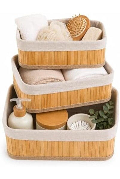 Yıldızan 3K_Store Bamboo Organizer Basket Set of 3 – Fabric Covered Decorativ...