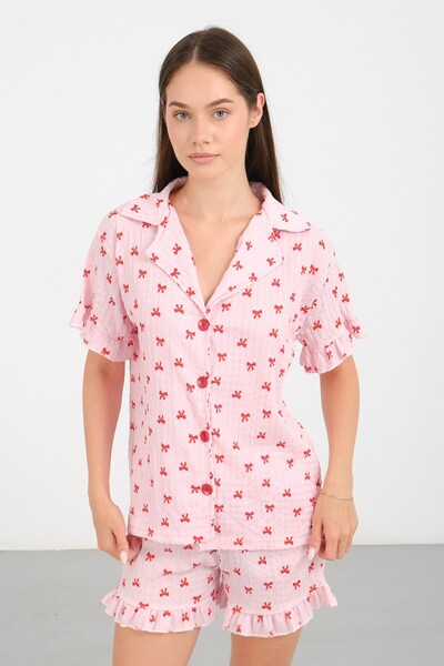 C&City Textured Buttoned Shorts Set with Pink Ribbon