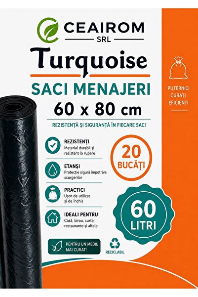 Turquoise Saci Menajeri 60 Litri, 60 × 80 cm, 20 Bucăți, Rezistenți, Negri – ...