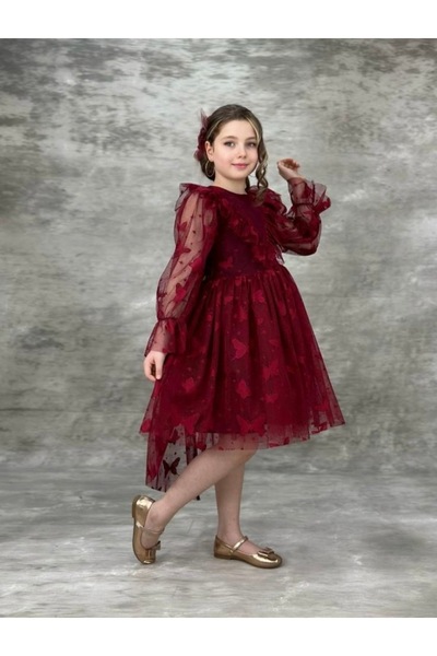 Lina Baby Bloom Kız Çocuk Bordo Kelebek Desenli Tül Abiye Elbise Uzun Kollu Ö...