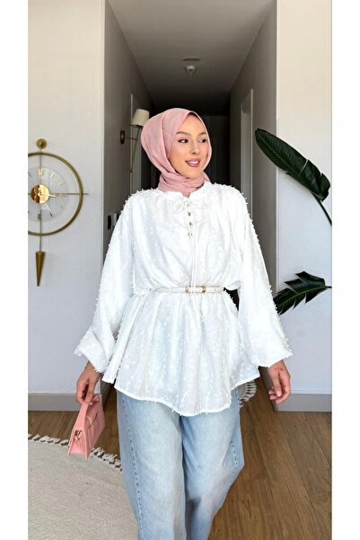 Nes Moda Kadın Düğme Ve Bağcık Detaylı Fisto Brode Tunik Gömlek