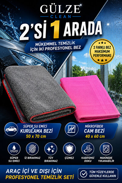 GÜLZE 2'si 1 Arada Profesyonel Araç Temizlik Seti (50x70 cm Süper Su Emici Mi...