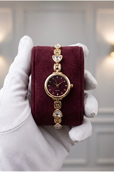 KLISHE Butik Women's Steel Watch Gold Color & Burgundy Dial Premium Stone Vin...