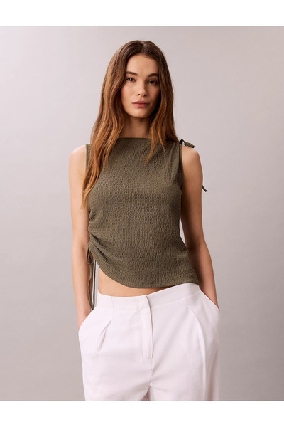Calvin Klein Women's Regular Fit Crew Neck Sleeveless Ribbed Khaki T-Shirt