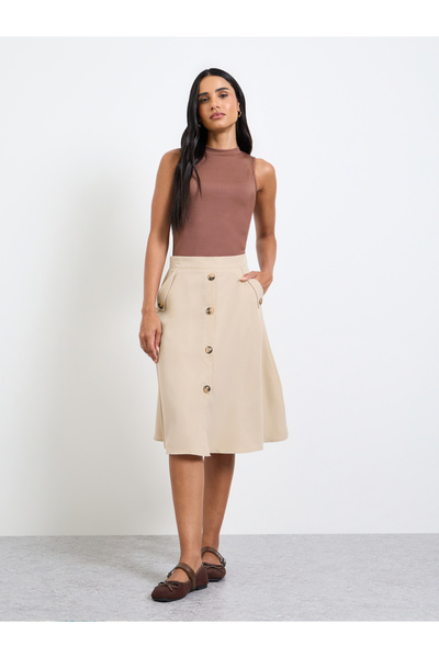 Take Two By Styli Beige Button-Front Midi Skirt