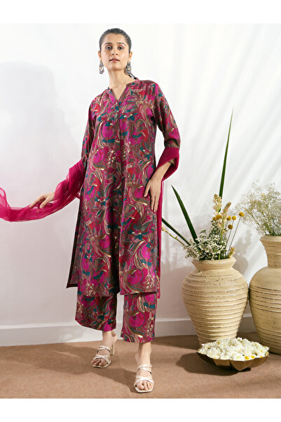 Silver Lime By Styli Pink Printed Button-Down Kurta, Straight Pants and Dupat...