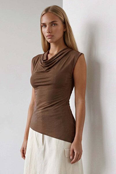 Trend Alaçatı Stili Women's Caramel Degaje Collar Lycra Asymmetrical Cut Visc...