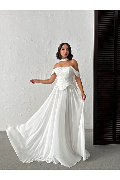 Housebutik Dar Kalıp Straplez Yaka ŞALLI Taşlı Uzun Söz Nişan Nikah Abiye