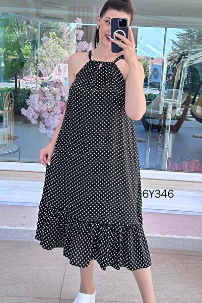 İnce Topuk Halter Neck Polka Dot Viscose Dress 6Y346
