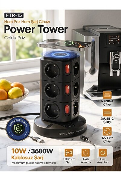 MO DOU Mutfak İçin Power Tower 12’li Dikey Çoklu Priz ve Şarj Ünitesi