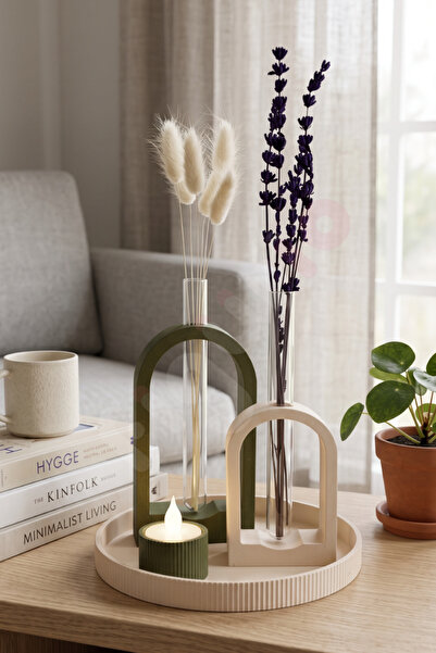 figurio Arch Home Cam Tüplü Dekor 4'lü Set / Kuru Çiçek ve LED Mum Hediyeli