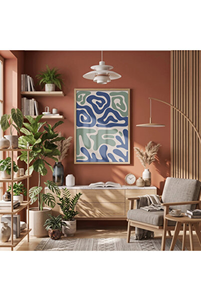 KOLAJTASARIM Tablou organic albastru verde, decor de perete cu rama din lemn ...