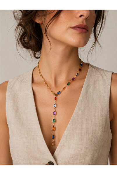 Pelin Aksesuar Colorful Baguette Stone Gold Color Y Necklace