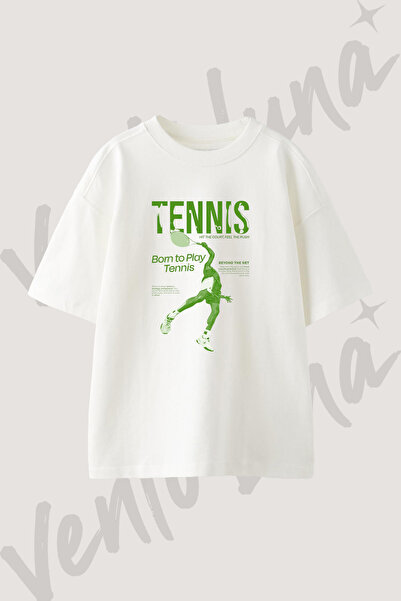 Vento Luna Tenis Oyuncu_1 Tasarım Baskılı Unisex Oversize Kalıp Beyaz Tshirt