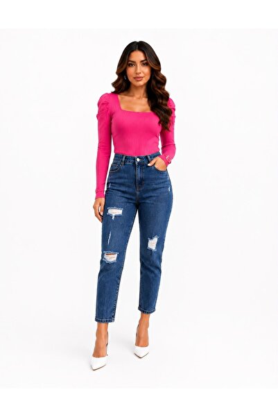 Shield Life Lee Lazer Laci Blue Laser-Processed Mom Jeans Women's High Waist ...