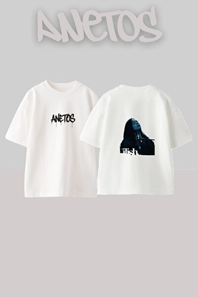 Anetos Billie Eilish_28 Λευκό μπλουζάκι με τυπωμένο σχέδιο Unisex Oversize