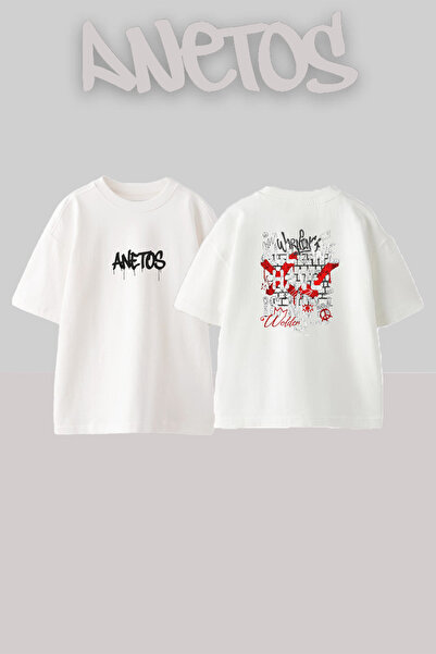 Anetos Λευκό μπλουζάκι με στάμπα Street Art Design, Unisex, Oversize