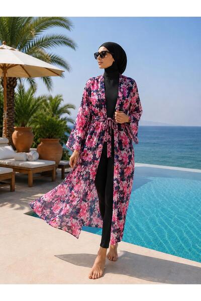 DGS KİDS KADIN ÇİÇEK DESENLİ KEMERLİ PLAJ ELBİSESİ UZUN TAM BOY KİMONO PAREO ...