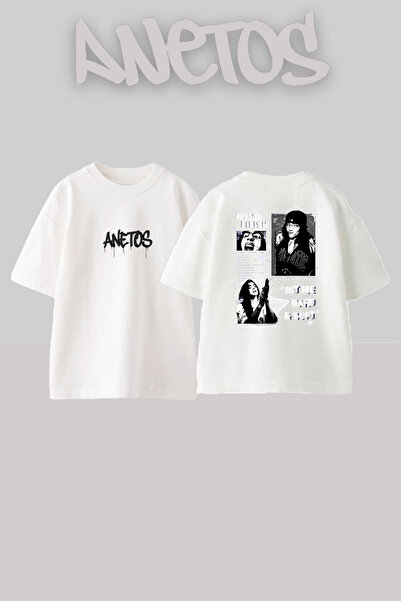 Anetos Billie Eilish_35 Λευκό μπλουζάκι με τυπωμένο σχέδιο Unisex Oversize
