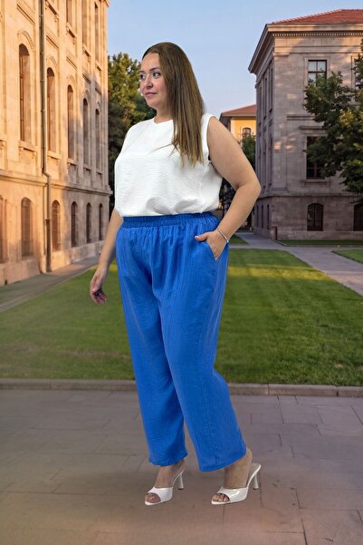 Eslina 69014 Large Size Double Tensel Pants with Elastic Waist and Pockets - ...
