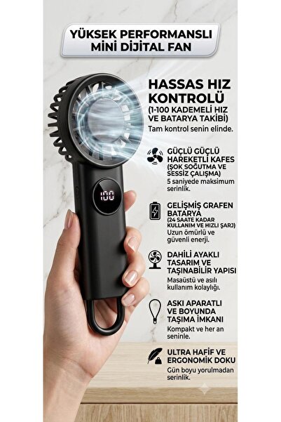 Parnevu El Fanı Dijital Göstergeli Mini Şarjlı El Vantilatörü | Kademeli Güçl...