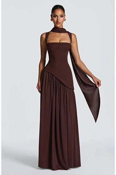 Cool & Sexy Imported Atlas Fabric Back Detail Maxi Dress Brown
