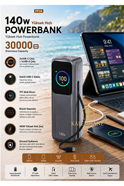 kalemhane Kişiye Özel 140w Hızlı Şarj 30. 000 Mah. Telefon, Tablet,Laptop,Not...