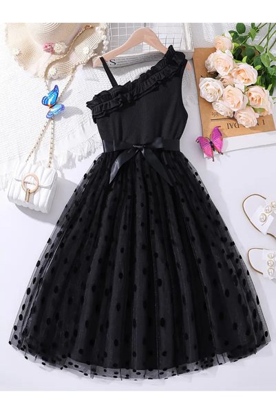 mikeonscosmetics Girl's One Shoulder Party Dress Tulle Polka Dot Evening Dress
