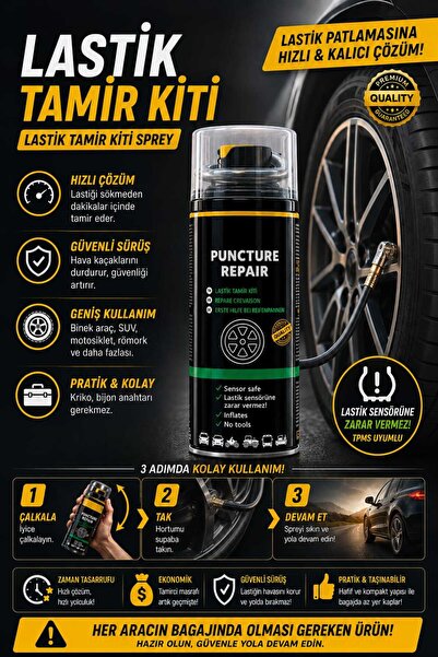 DuoLight Lastik Tamir Kiti Spreyi Patlak Lastik Onarım ve Şişirme Lastik Bası...