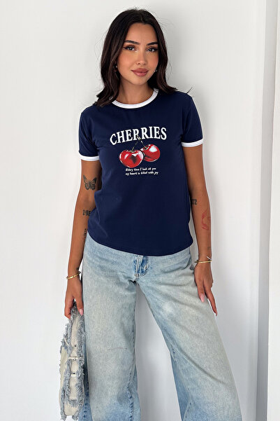 Noa&Noa Cherry Pop Women's Cherry Printed Crew Neck Basic Baby T-Shirt