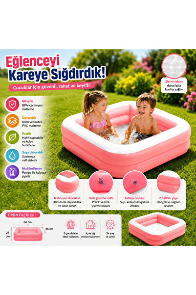 Cici Oyuncak Kare Şişme Çocuk Havuzu 86x86x25 cm Şişme Tabanlı 2 Halkalı Pemb...