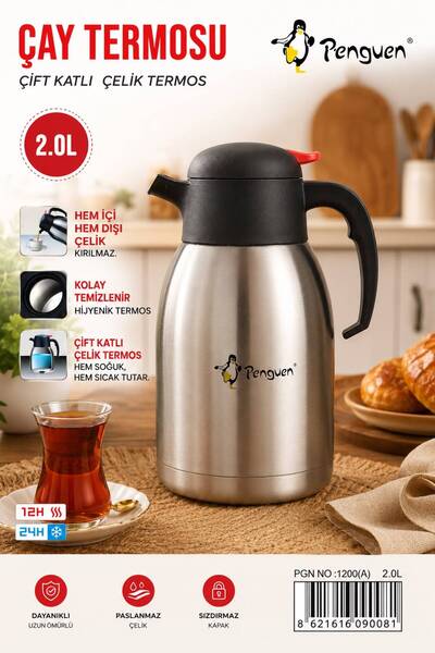 MİROĞLU ZÜCCACİYE Penguen 2 Litre Çift Katlı Paslanmaz Çelik Çay Termosu – Sı...