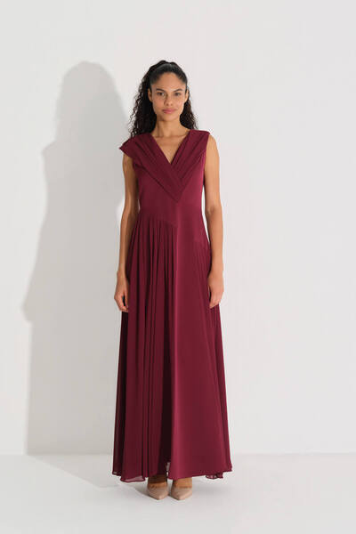 miha Hicran Önal V Yakasa Cut-Out Chiffon Dress Burgundy