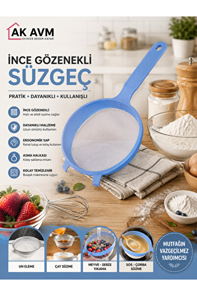 Ak Avm İnce Gözenekli Mutfak Süzgeci Plastik Saplı Çay Un Meyve Sebze Süzgeci...