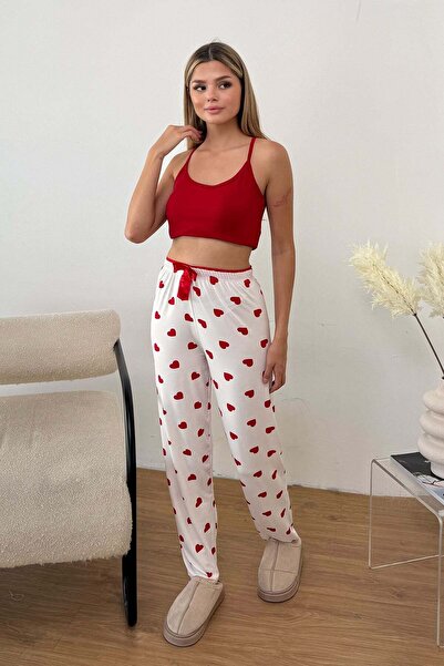 GİYSA Women's Elastic Waist Heart Patterned Pajama Bottoms White - 26Y 4522