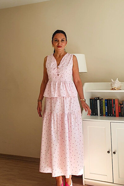 QUAŞE Crispy Patterned Bodice with Flounces, Blouse and Skirt Two-Piece Set