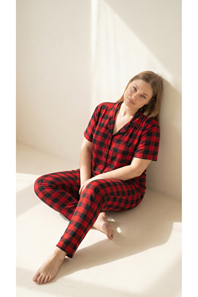Arzey Red Plaid Patterned Bamboo Short Sleeve Plus Size Front Buttoned Pajama...