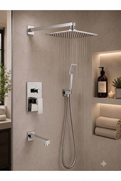 kerimyapı Premium Krom Ankastre Duş Seti – Yağmurlama Tepe Duş ve El Duşlu Gö...