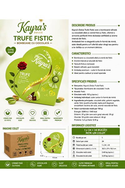 CIOCCOLATA KAYRA BOMBOANE CIOCOLATA /FISTIC CT.INIMA 100GR (1X24=24BUC)
