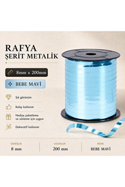 san Metalik Rafya Şerit Balon ve Hediye Bağlama İpi 8mm x 200 Metre (Bebe Mavi)