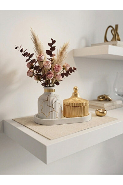 LUNİVAA HOME Minimalist Vazo ve Gold Renk Kapaklı Kase Dekoratif Set – Ev, Of...