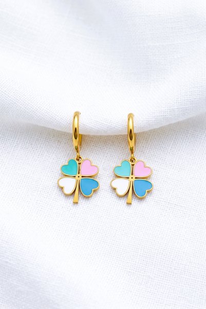 özgül takı ve tasarım Yonca Model Mideli Gold Color Stainless Steel Women's Earrings