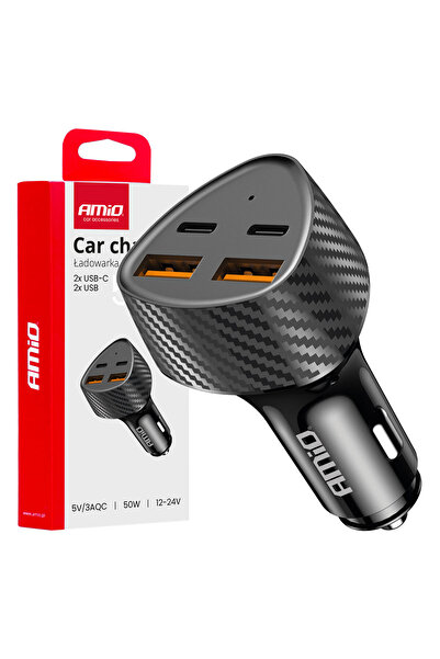 AMIO Incarcator auto 50W cu 2x USB-A si 2x USB-C, incarcare rapida, 4 porturi...