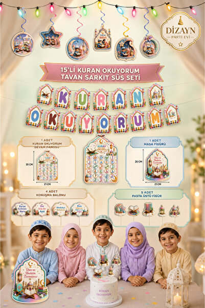 Dizayn Parti Evi Kuran Okuyorum Renkli Kız Çocuk Erkek Çocuk Set | Banner, Ta...