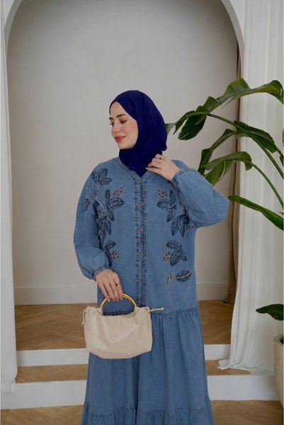 Moda Neval فستان نسائي من الدنيم مطرز بالتطريز مع تنورة