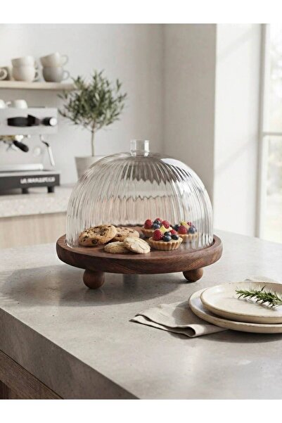 Rabo Craft Round Wooden Stand with Ball Base for Cake and Presentation, Natur...