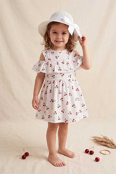 Mnk Baby&Kids Girl's Hat and Fruit Printed Cotton Scallop Detail Summer Dress...